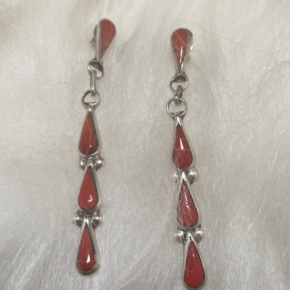 Elegant Sterling Silver and Red coral Dangle Earrings